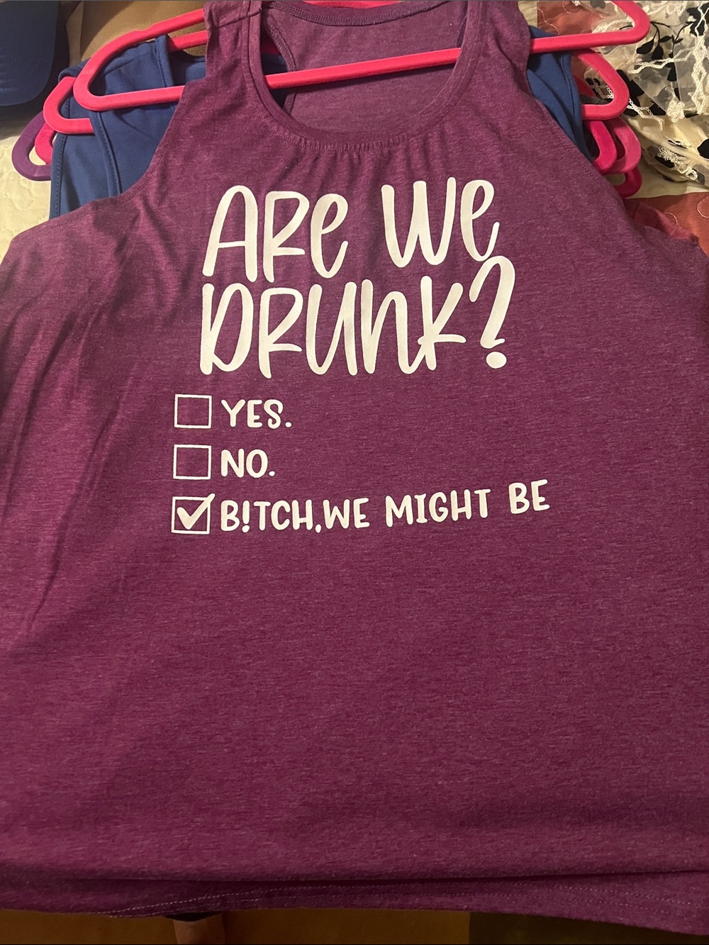 Maroon Graphic Tank Top "Are We Drunk?"